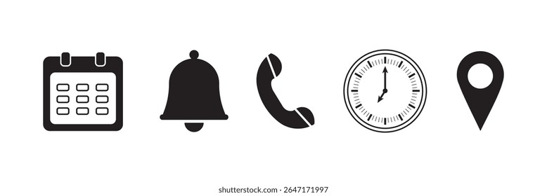 Date, time, location address and notification icon set. Calendar, clock, address location pointer, reminder and alarm bell symbols. Event icons vector, Sign business vector design. Vector illustration