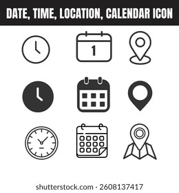 Date, time, location, calendar icon in flat style.