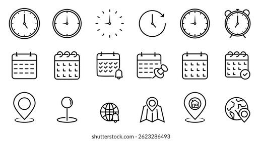 Date, Time and location editable stroke outline icons set design. Location, Calendar, Containing hourglass, pin, stopwatch, Clock vector, silhouette design for app, logo, website. Vector illustration.