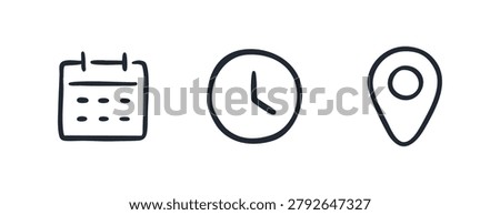 Date, time and location hand drawn doodle set vector illustration.