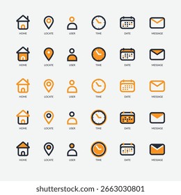 Date time location home user message icon set. Even the element symbol designs are black and orange