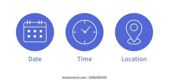 Icono de fecha, hora y ubicación. Reloj, calendario, icono de ubicación. Conjunto de iconos de Web. Ilustración vectorial