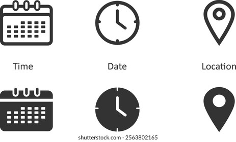 Date , time and location icon . Clock , day and place symbol. Reminder, calendar and also address for website editable and transparent vector icon set