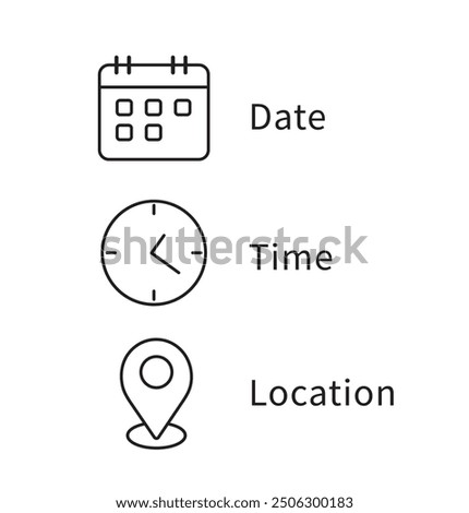 Date, time, location icon. Clock, calendar, location icon. Web icon set. Vector illustration