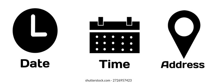 Date, time, and location icon collection designed for events, appointments, and user interface elements.