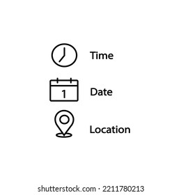 Icono de fecha, hora, ubicación en estilo plano. Ilustración vectorial del mensaje de evento en el fondo aislado. Concepto de negocio de firma de información.