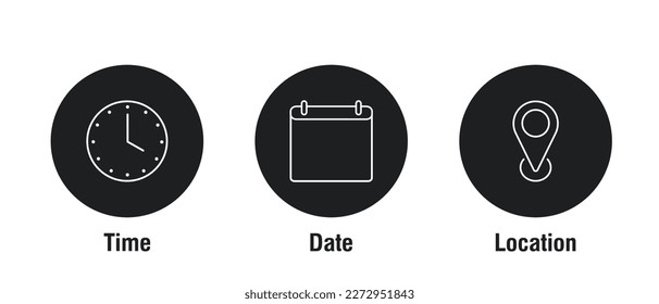 Date, time, location icon in flat style. Event message vector illustration on isolated background. Information sign business concept