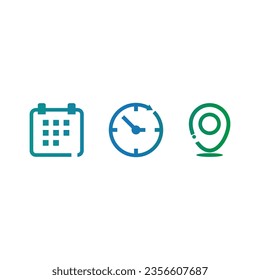 Fecha, hora, icono de ubicación en estilo plano