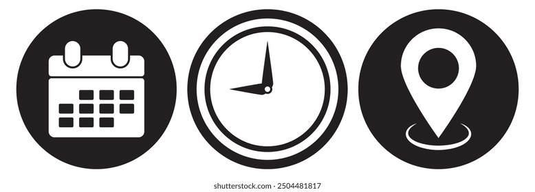 Date, time, location icon in flat style. Event message vector illustration on isolated background. Information sign business concept.