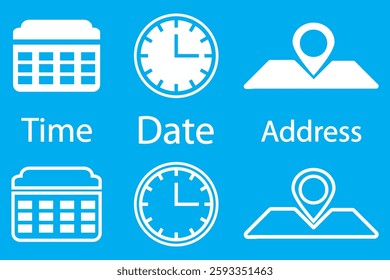 Date, time, location icon in flat style. Event message vector illustration on isolated background. Information sign business concept.