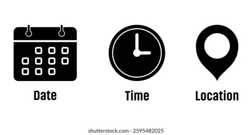 Date, time and location icon in flat style. Address or location icon. Stopwatch timer icon. Date, Calendar icon. Vector illustration