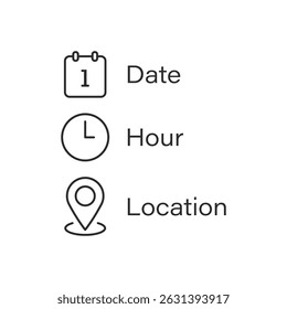 Date, time, location icon in flat style. Event message vector illustration on isolated background. Information sign business concept.
