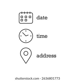 Date, time, location icon in flat style. Event message vector illustration on isolated background. Information sign business concept.