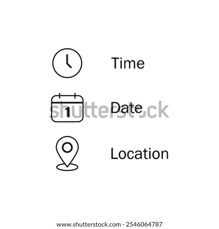 Date, time, location icon in flat style. Event message vector illustration on isolated background. Information sign business concept.