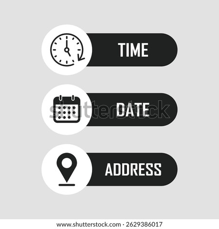 Date, time, location icon in flat style. Event message vector illustration on isolated background. Information sign business concept.