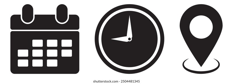 Date, time and location icon isolated on white background.