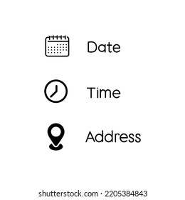 Date, time, location icon on white background. Place icons symbol. Information sign business concept. flat style.