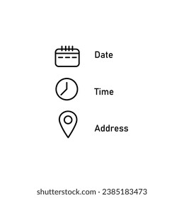 Datum, Uhrzeit, Ortssymbol auf weißem Hintergrund. Platzieren Sie Symbole Symbol Business-Konzept. Flachstil
