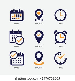 Date time location icon set. Even the element symbol designs are blue and orange