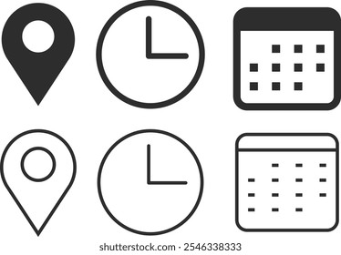 date time location icon set. Calendar icon symbol, clock sign. location pin signs.
