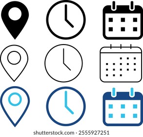 date time location icon set. Calendar symbol. clock sign. location pin signs. time speed icon symbol

