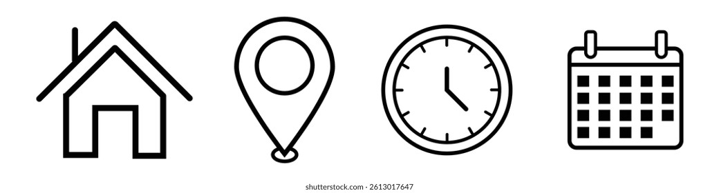 Date, Time, location icon set. Map location icon, Calendar icon, Clock out line vector, silhouette design for app, logo, website. Vector illustration