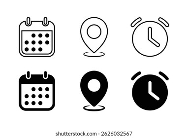 Date, time and location icon set with stroke and fill style in black and white color vector illustration. Event icons.