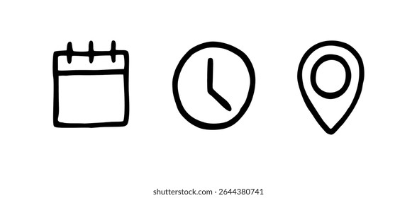 Date Time Location icon set minimal line art. Event planning invitation icons.