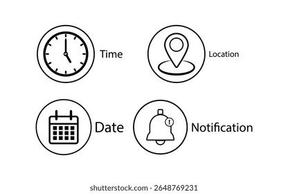 Conjunto de Ícones de Data, Hora e Local - Calendário, Relógio, Campainha de Notificação e Símbolos de Pin de Mapa para IU de Aplicativo e Web Design
