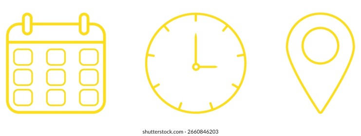 Conjunto de iconos de fecha, hora y ubicación. Símbolos de Vector para calendario, reloj y pin de Dirección. Arte de contorno simple para Web, App e impresión. EPS 10