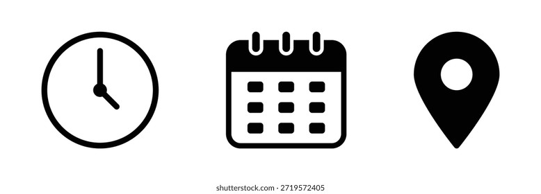 Conjunto de iconos de ubicación de fecha y hora. Símbolo de icono de calendario. Señal del reloj. Horario de negocios y reloj de tiempo de oficina. Signos de pin de Locación