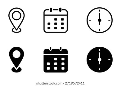 Date time location icon set. Calendar icon symbol. Clock sign. Business schedule and office time clock. Location pin signs