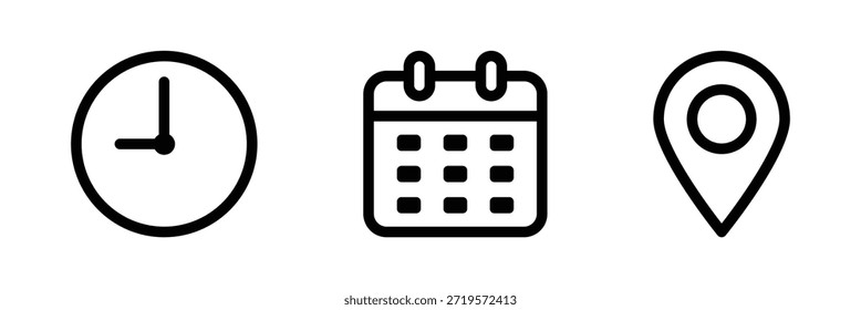Symbolsatz für Datum und Uhrzeit des Speicherorts. Symbol für Kalender. Uhrenzeichen. Geschäftszeiten und Bürozeiten. Ortsanschlusszeichen