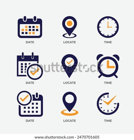 Date time location icon set. Even the element symbol designs are blue and orange