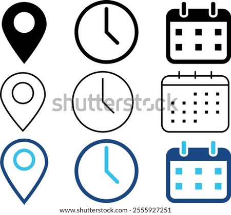 date time location icon set. Calendar symbol. clock sign. location pin signs. time speed icon symbol
