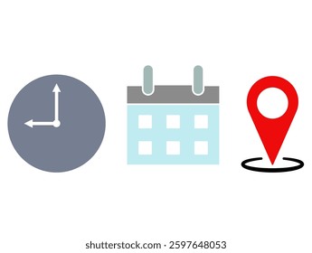 Date, time, location icon, simple flat style, logo template sign symbol vector illustration pictogram, for ui or ux isolated on white for mobile app, editable
