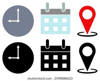 Date, time, location icon, simple flat style, logo template sign symbol vector illustration pictogram, for ui or ux isolated on white for mobile app, editable