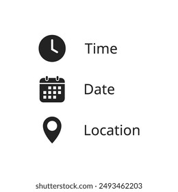 Date, time, location icon vector in trendy style. Event elements sign symbol