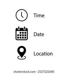 Date, time, location icon vector in trendy style