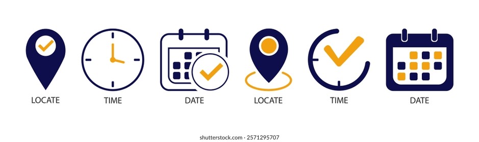 Date, time and location icons. Calendar icon symbol, clock sign, location pin signs. Vector illustration.