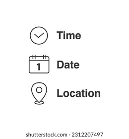 Iconos de fecha, hora y ubicación en la ilustración vectorial de estilo plano en el fondo aislado.
