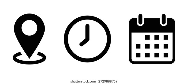 Fecha Hora Ubicación Icono de notificación establecido. Dirección, hora, colección de iconos de notificación de campana de calendario. Reloj, ubicación de la Dirección y fecha