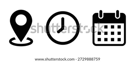 date time location notification icon set. Address, time, calendar bell notification icons collection. Clock, Address location and date Calendar symbol