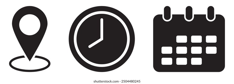 Conjunto de iconos de pin de fecha, hora y ubicación.