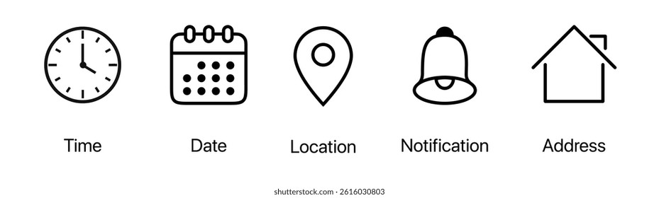 Date, time, and location UI icon set with clock, calendar, and address symbols in editable stroke outline style. Modern clean vector illustration.	