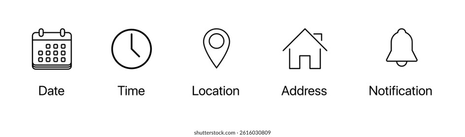 Date, time, and location UI icon set with clock, calendar, and address symbols in editable stroke outline style. Modern clean vector illustration.	