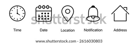 Date, time, and location UI icon set with clock, calendar, and address symbols in editable stroke outline style. Modern clean vector illustration.	