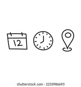 Date time location  Vector hand drawn line icon template