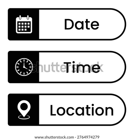 Date, Time and Location vector icons. Collection of event icons indicating Clock, Calendar and Location Pin. Vector illustration.
