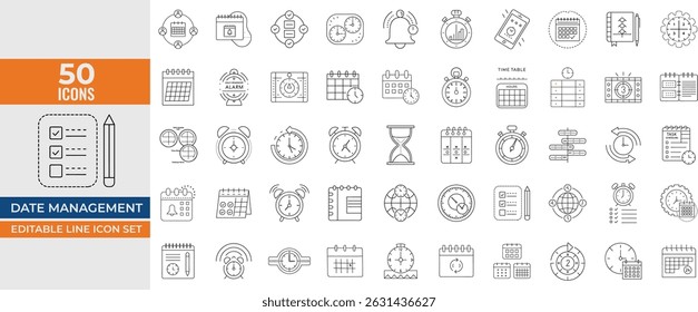 Date and Time Management Icon Set – Calendar, Schedule, Planning, Alarm, Stopwatch, Clock, Hourglass – Editable Line Vector Illustration.